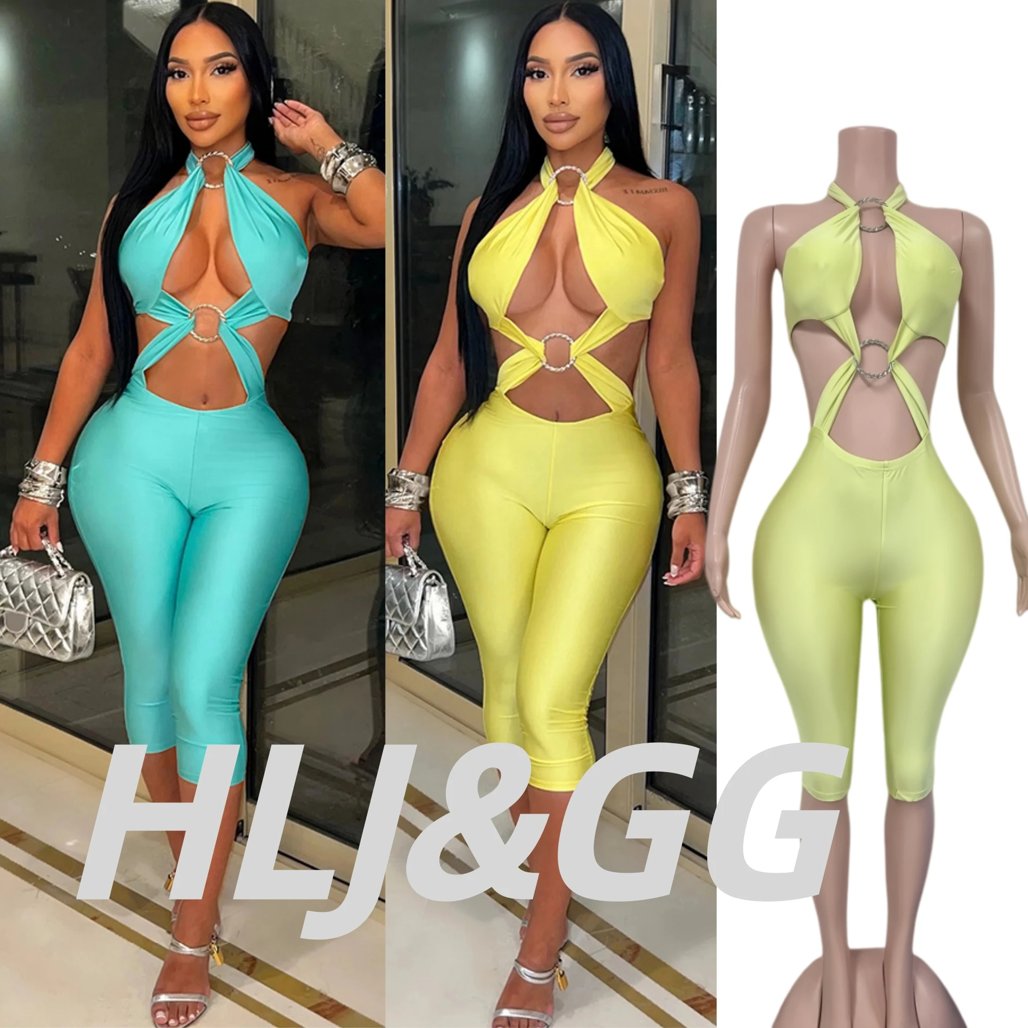 HLJ Sexy Halter O-Ring Cutout Jumpsuit Sleeveless Bodycon Capri Rompers Women Hollow Out Tight Long Pants Nightclub Party Outfit