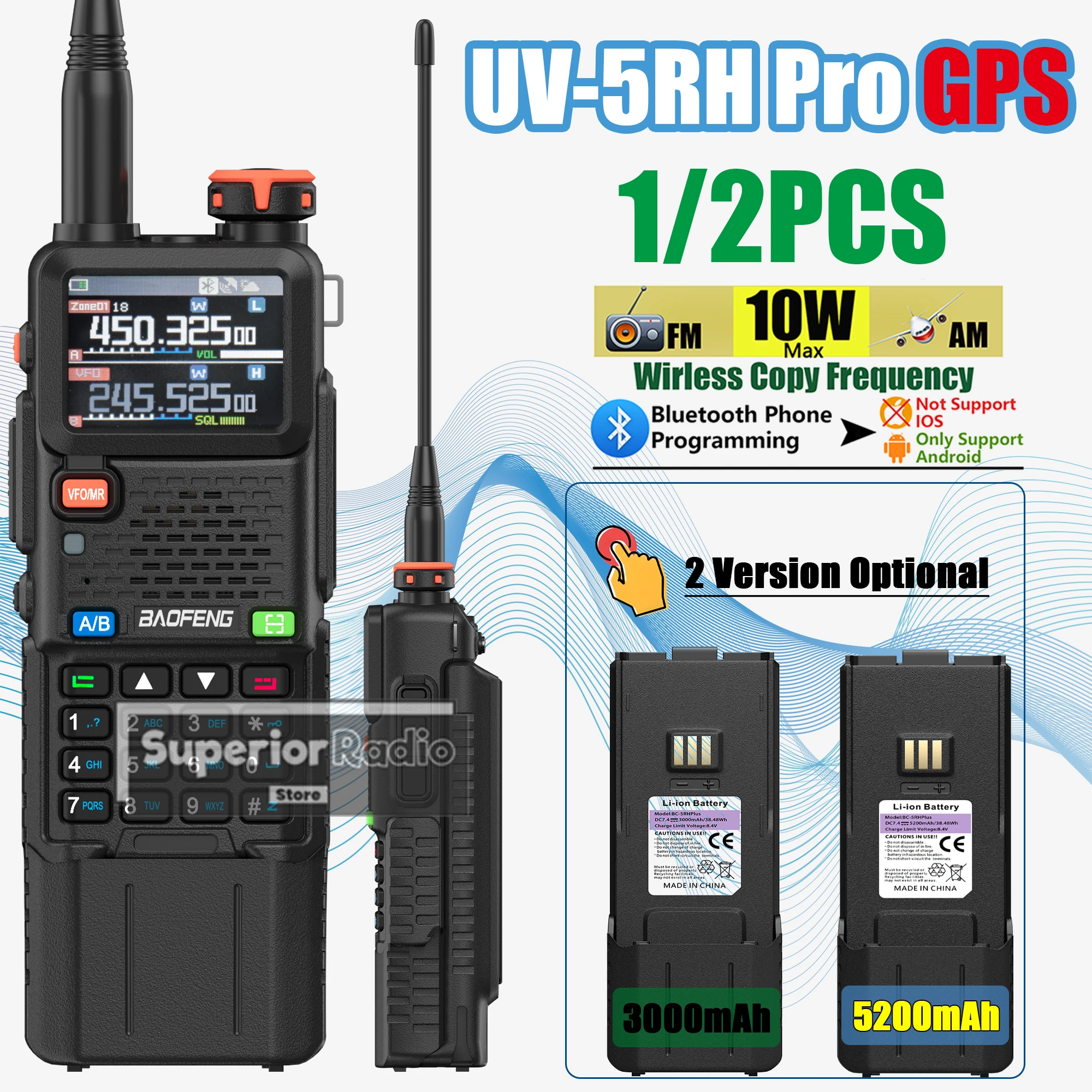 1/2PCS Baofeng UV-5RH PRO GPS Walkie Talkies Bluetooth Programming 3000/5200mAh Optional Wireless Copy Frequency 10W DTMF AM FM