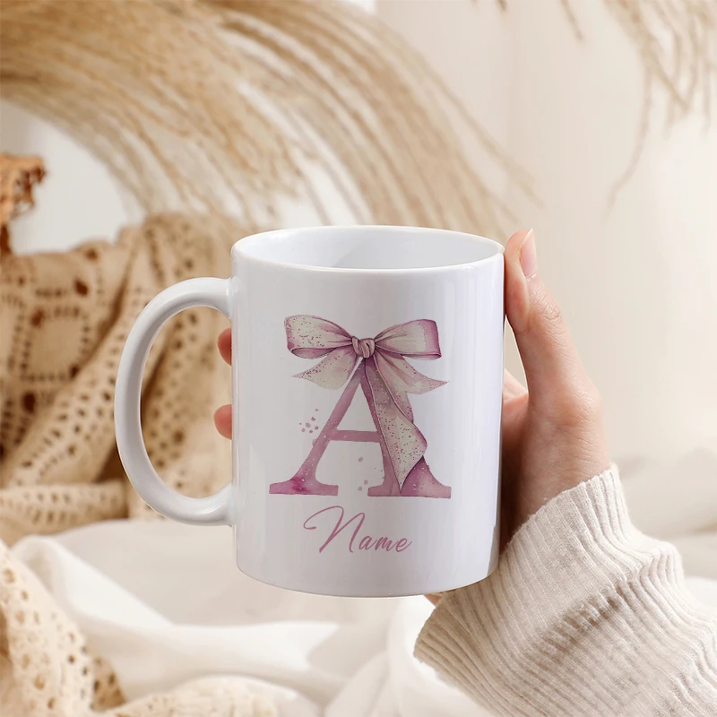 Bow A-Z Letters Custom Name Mug Repeatable Use Coffee Cup with Handle Initial Personalized Ceramic Cups Wedding Birthday Gifts