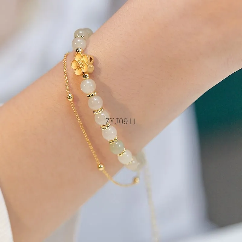 * 여성용 천연 헤티안 옥, 작은 복숭아 꽃, 더블 팔찌, 로맨틱 꽃, 신선한 비즈 팔찌, 웨딩 쥬얼리, 신제품