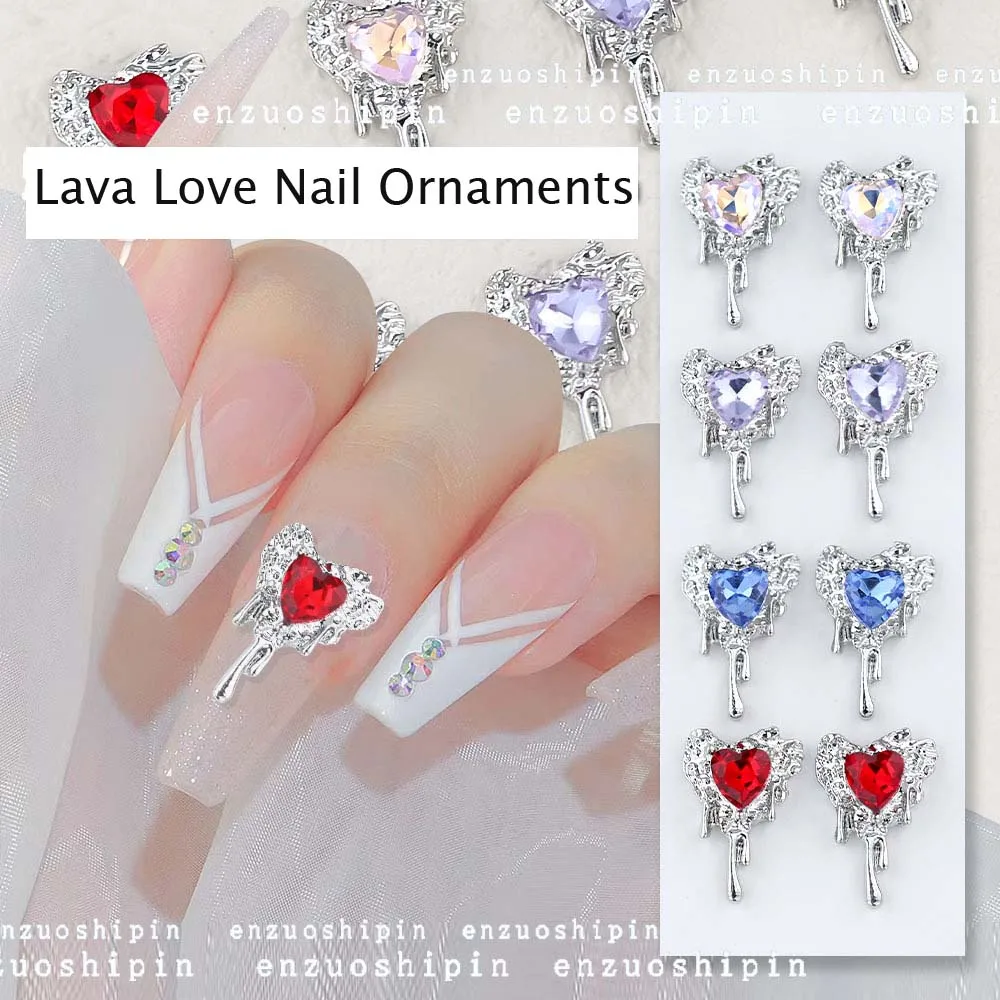 

10Pcs Lava Shape Alloy Nail Art Charm 3D Metal Silvery Heart With Crystal Water Drop Nail Decoration Luxury DIY Nail Accessories