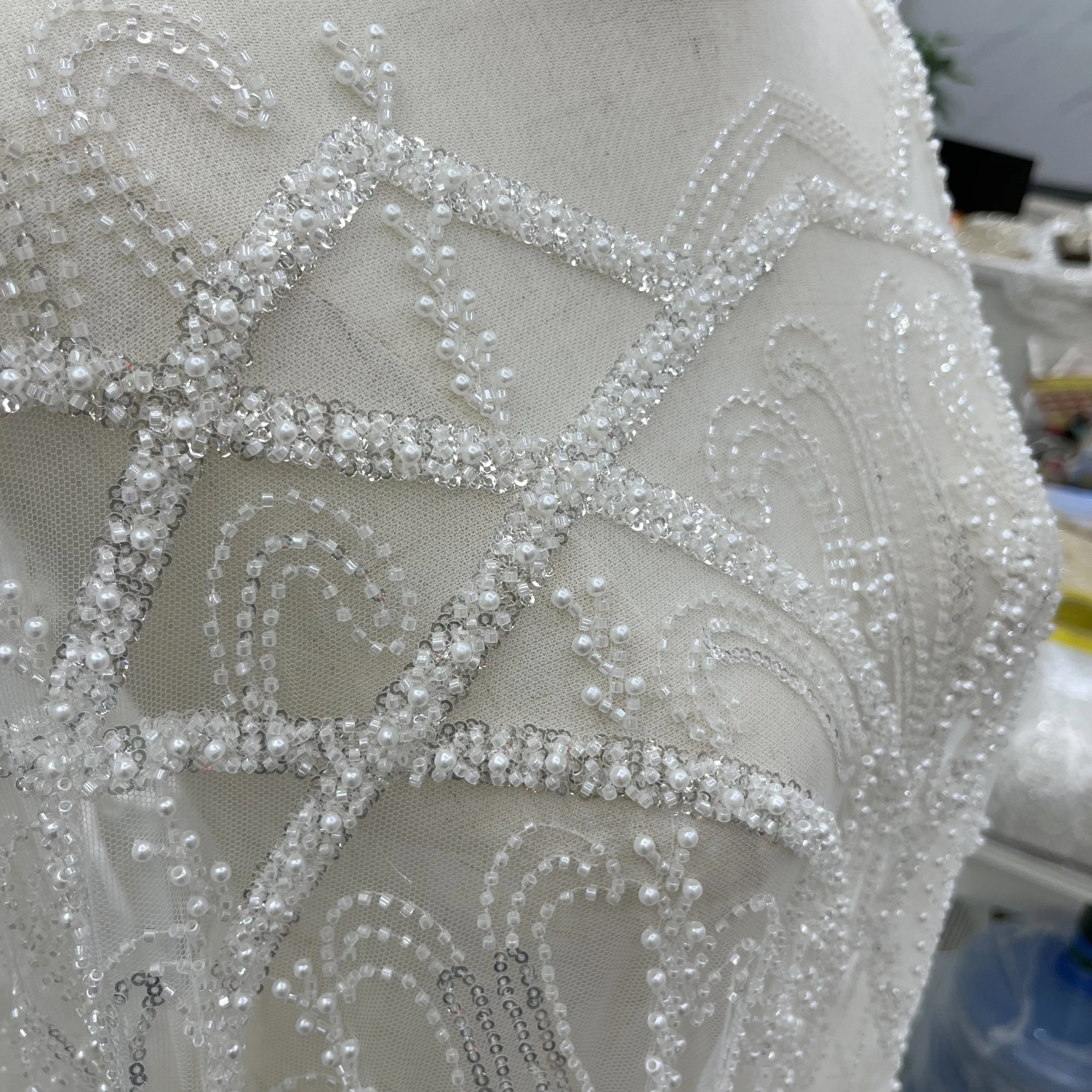 Deluxe High Quality Sequins Beads Pearl Lace Fabric Suitable For Wedding Evening Dresses Private Customized Clothing Design