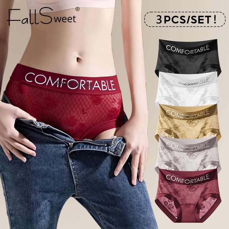 FallSweet 3PCS Damen-Unterwäsche aus ultradünner Spitze, mittlere Taille, Baumwollhöschen, sexy Buchstaben-Slips, nahtlose Unterhosen, weibliche Dessous
