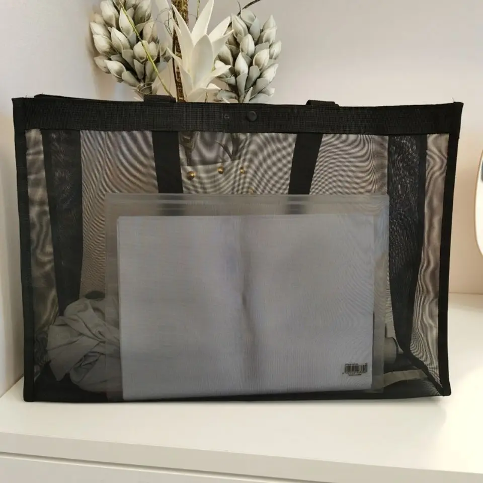 Bolsa de compras de malha transparente preta, grande capacidade, nylon, shopping, praia, fitness, yoga, bolsa de ombro para mulheres, organizador