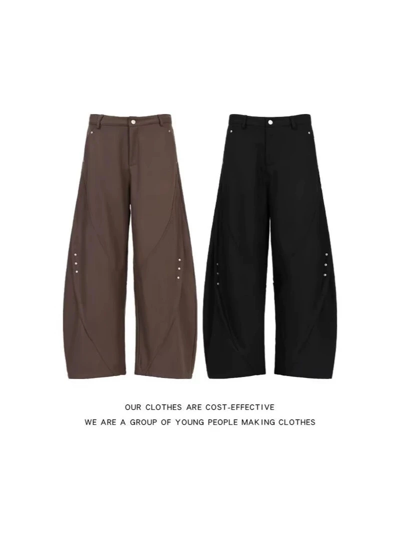 Vintage American Deconstructed Curved Saber Pants, Unisex Rivet Draped Wide-Leg Casual Suit Trousers