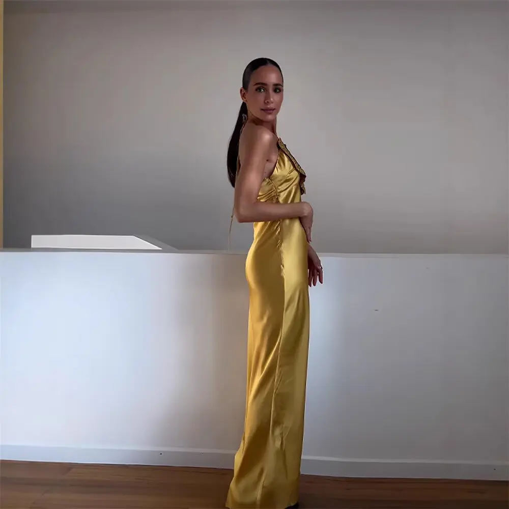 Ele cintura alta satén de seda Dr verano nueva llegada Bal Floral decorado mujer Faion vestido sexy falda larga sin...