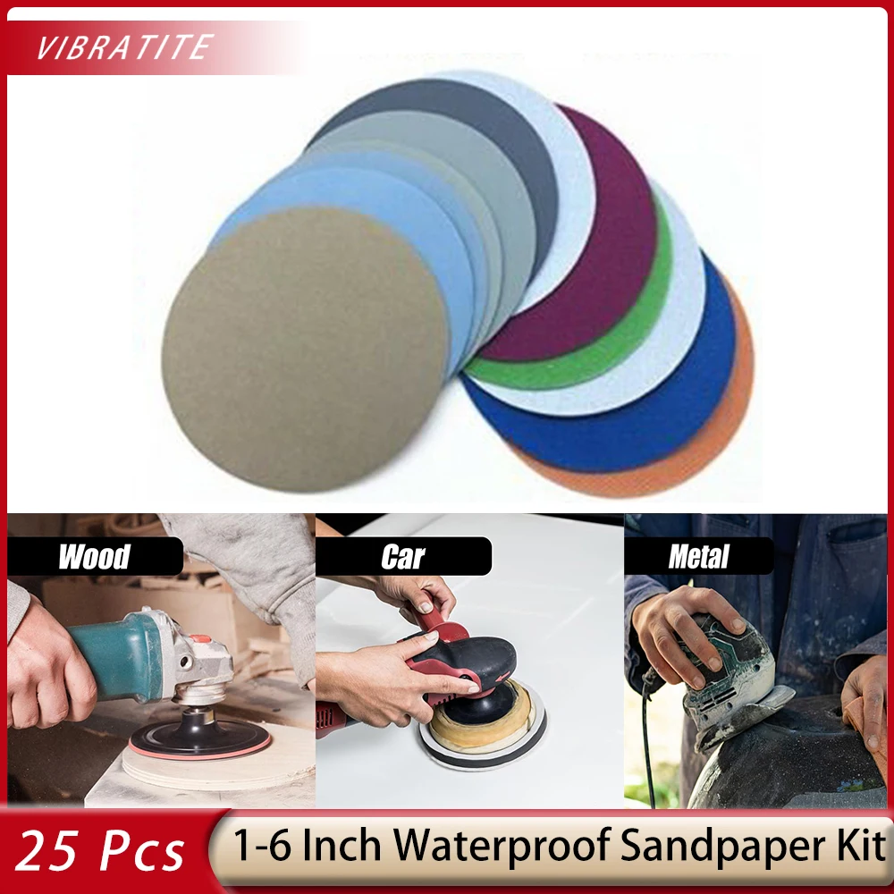 

25PCS 1-6 Inch Wet Dry Sandpaper Set Assorted Grit Hook & Loop Sandpaper for Automotive Metal Sanding Polishing