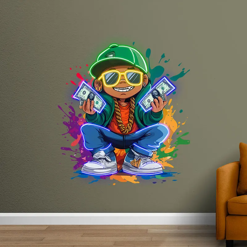 Crouching Boy In Green Holding Money Neon Sign, Creative Wall Hanging Neon Light, Wall Decor Light