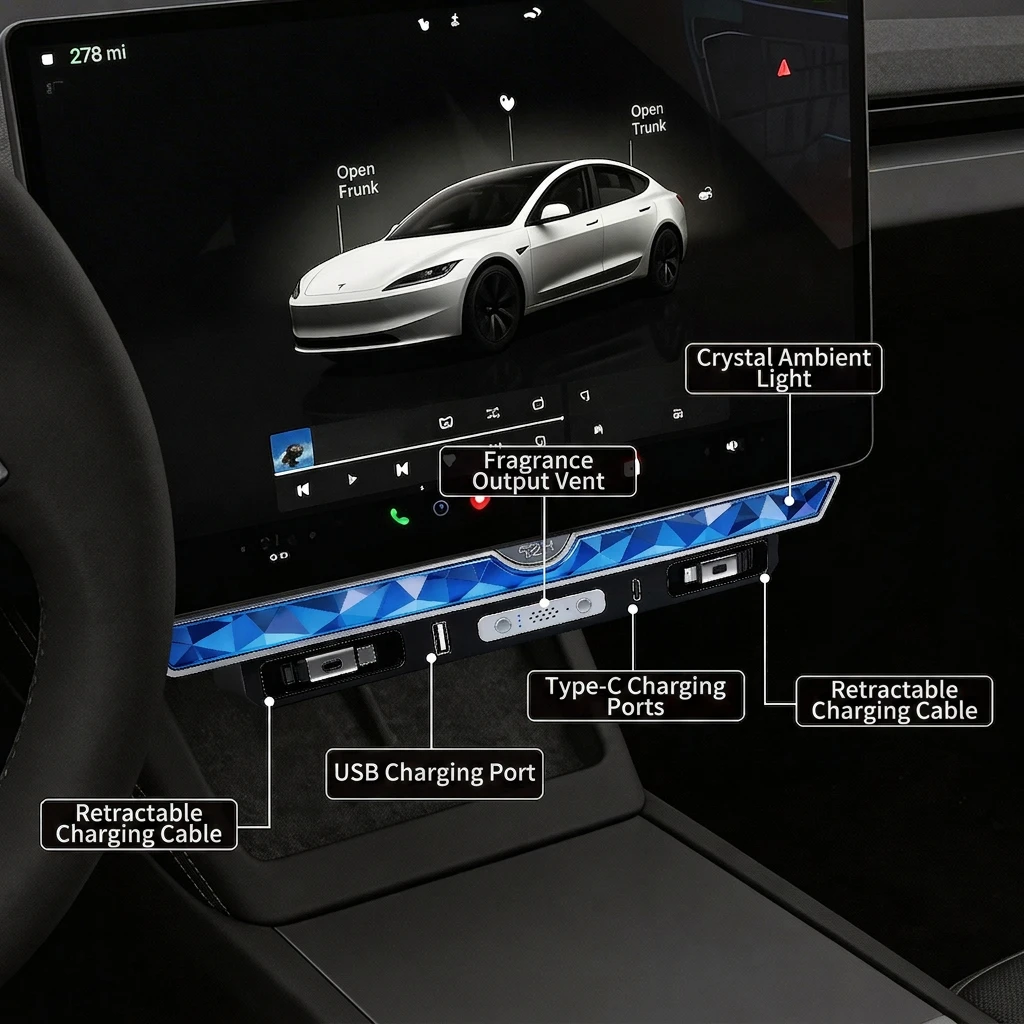 For Tesla Model 3/Y Crystal Fragrance Dock, Under-screen Expansion Hub RGB Light Retractable Cable Fast Charging Air Freshener