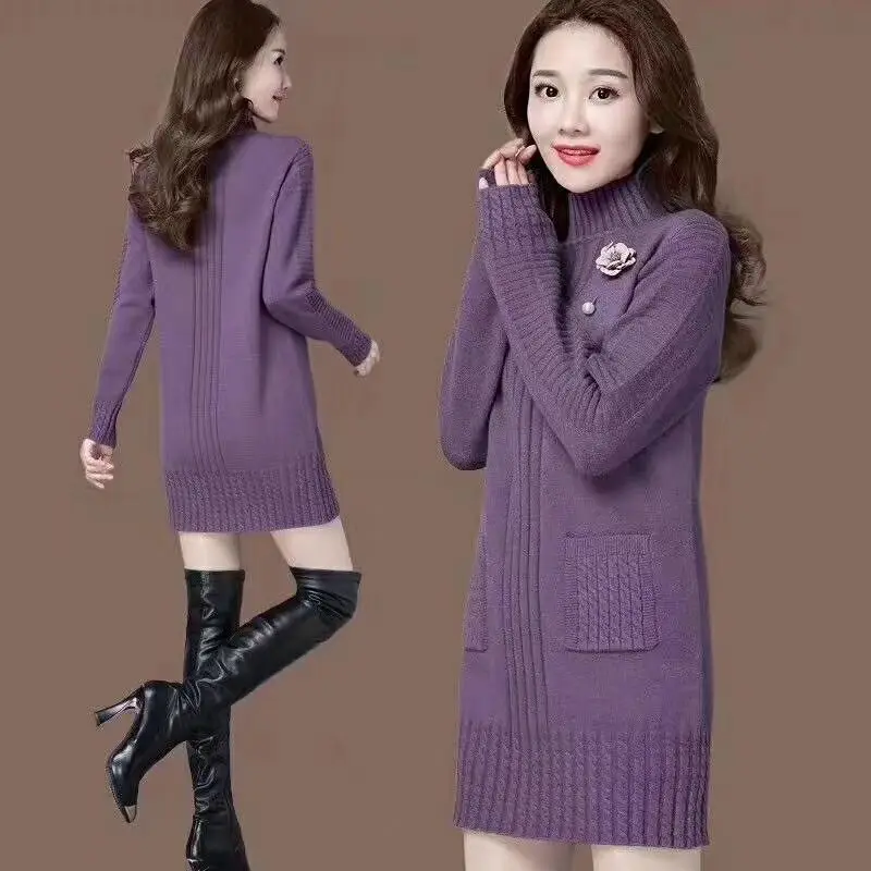 

plus Size Fce Wool Sweater Women's Autumn Winter New Sle Warm Thiened Base irt Dr Long Sve f High Collar