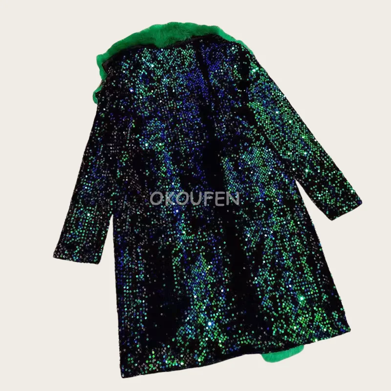 Christmas Theme Green Colorful Faux Fur Long Jacket Costume Bar Nightclub Male Singer Dj Ds Stage show performance wear