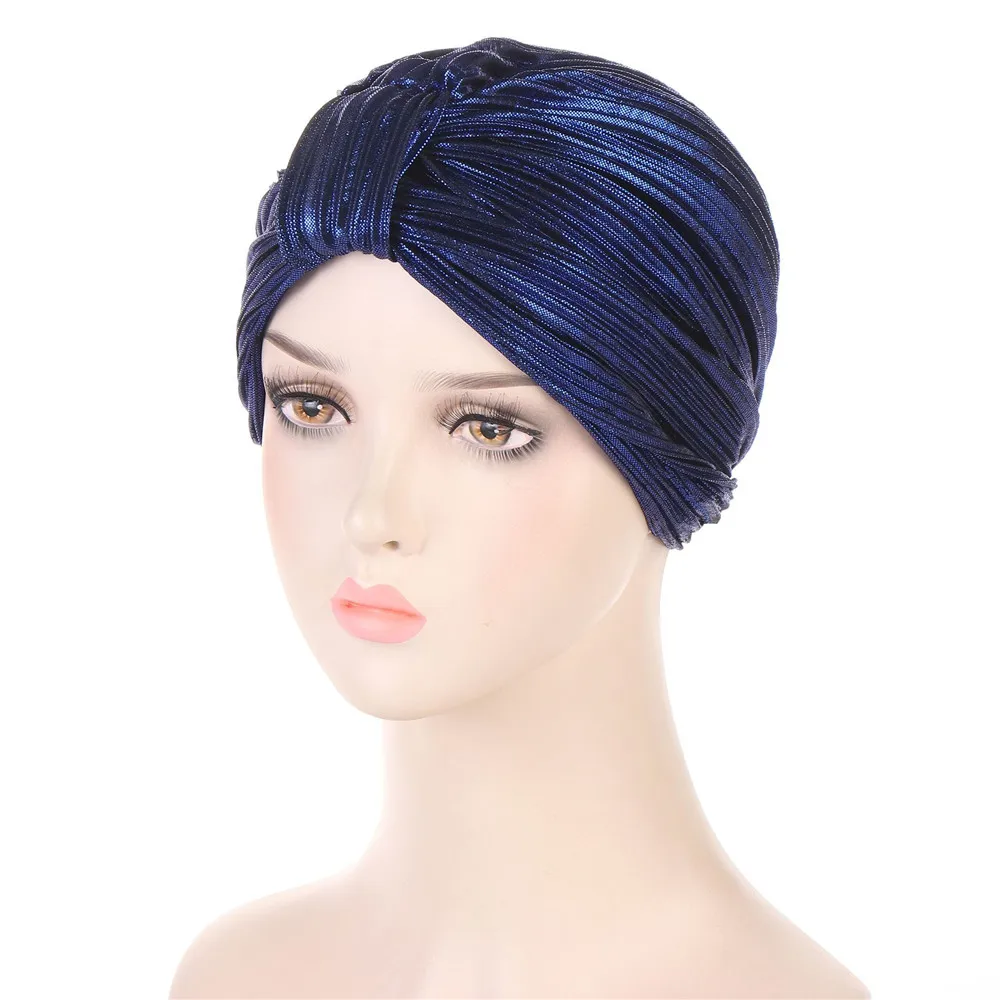 Turbante indio musulmán para mujer, gorro plisado con purpurina brillante, gorro de quimio, Hijab para la pérdida de cabello, pañuelo para la cabeza