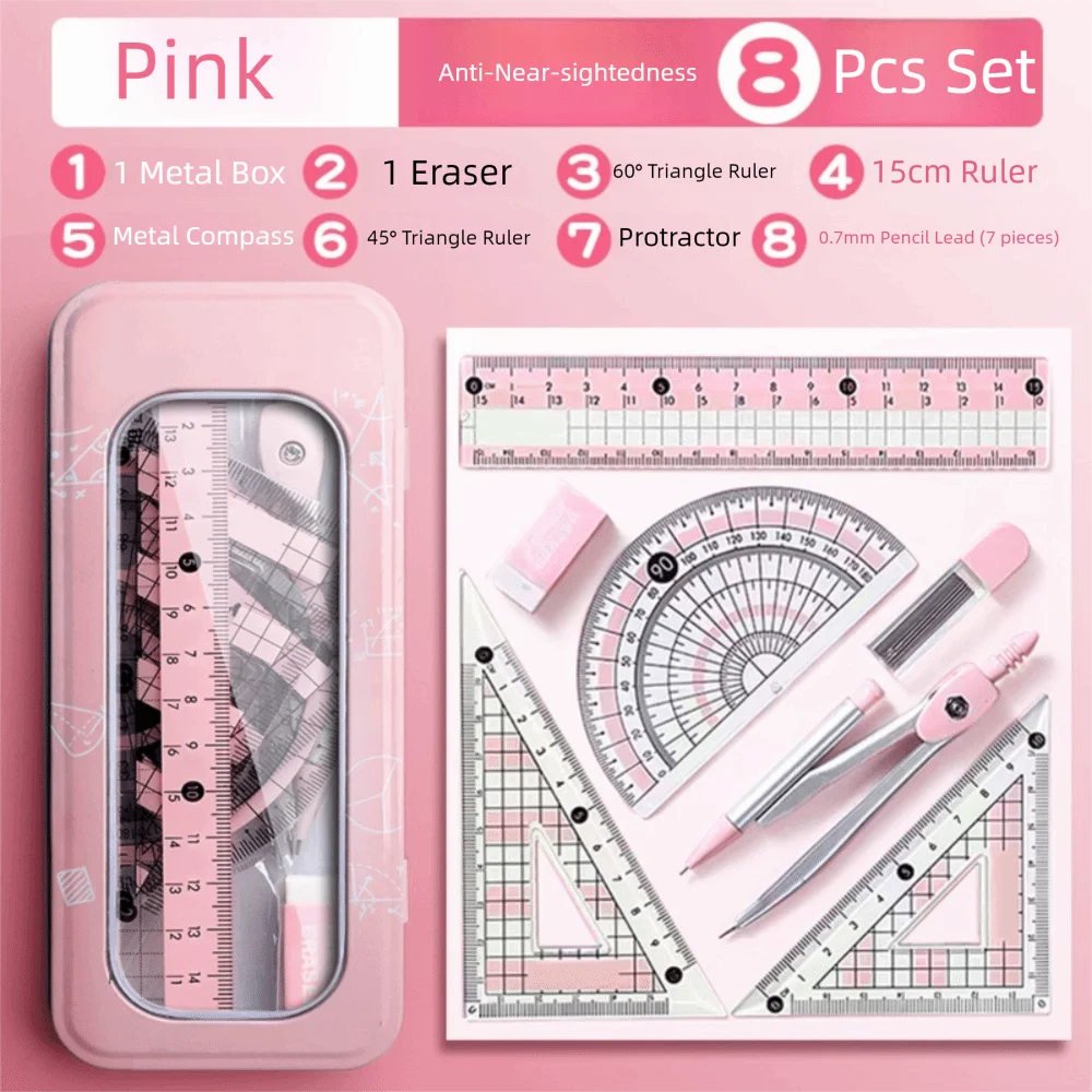 

8PCS Multifunctional Compass and Ruler Sets Triangle Ruler Straight Ruler Measuring Ruler Suit Protractor Stationery Ruler Set