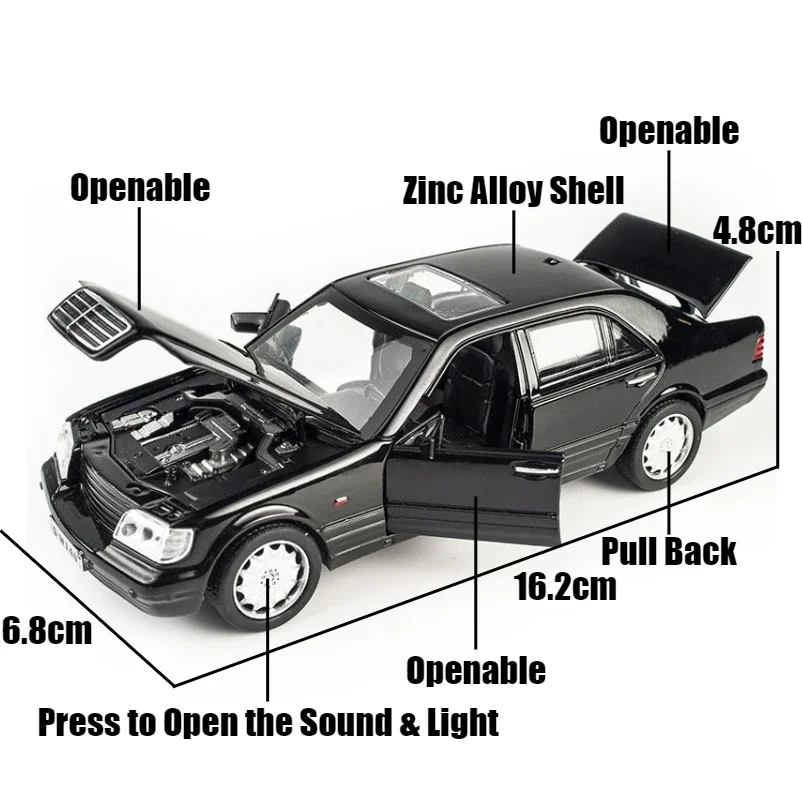 Modelo clássico de carro de brinquedo Mercedes-Benz W140, miniatura diecast liga leve e som, puxado para trás, presente para menino, 1:32