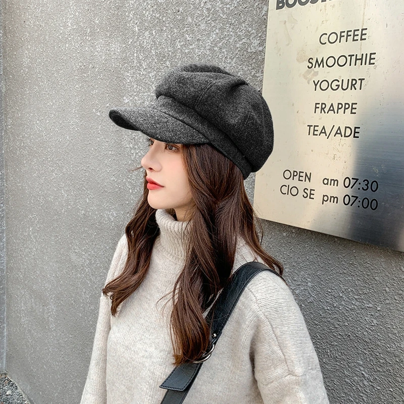 Topi baret wol Retro wanita, untuk musim gugur gaya Korea warna Solid klasik