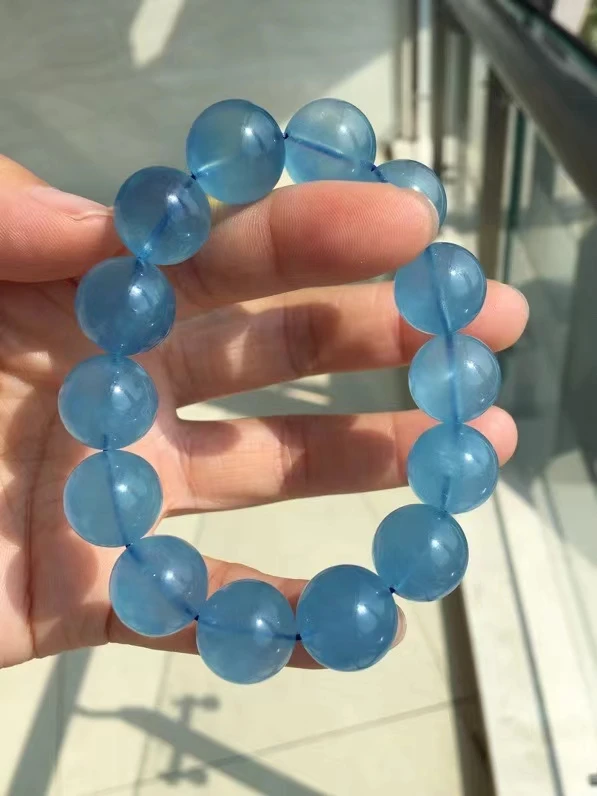 Natural Blue Aquamarine Big Bracelet Jewelry 15mm Clear Round Beads Aquamarine Crystal Big Beads Women Men AAAAAAA