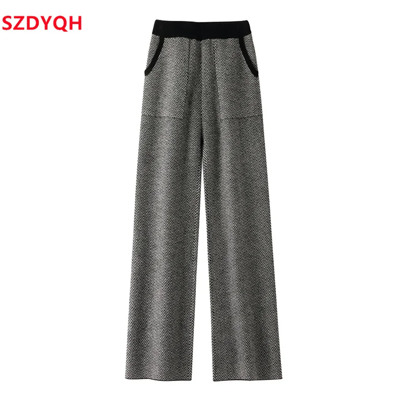 2023 Autumn Winter Women 100% Wool Pants Soft Waxy Comfortable High-Waist Knitted Trousers Female Fashion Thicken Wide Leg Pants