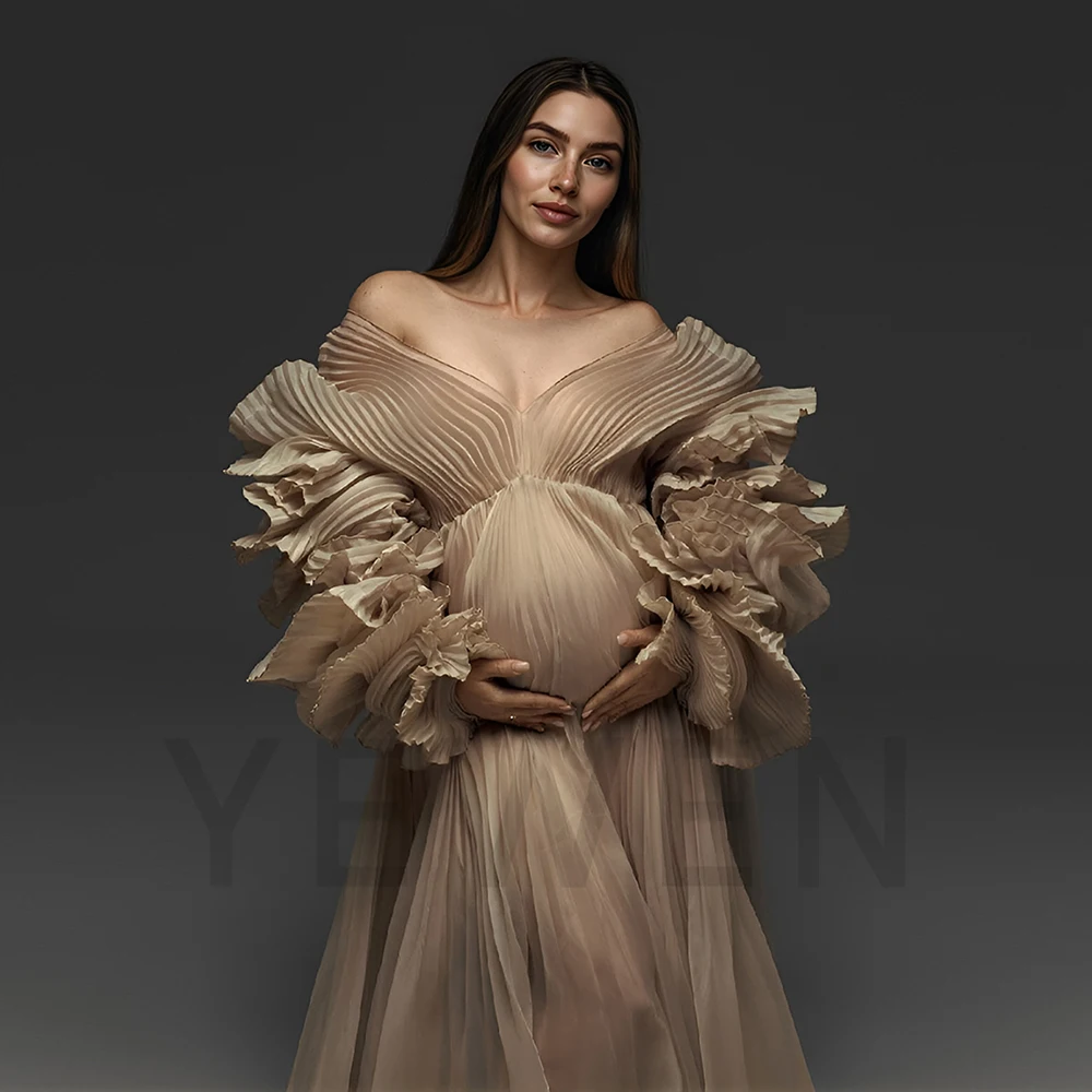 V Neck Pleated Organza Pregnancy Photo Shooting Dress for Pregnant Women for Photo Shoot Baby Shower Dress for Special Occasions