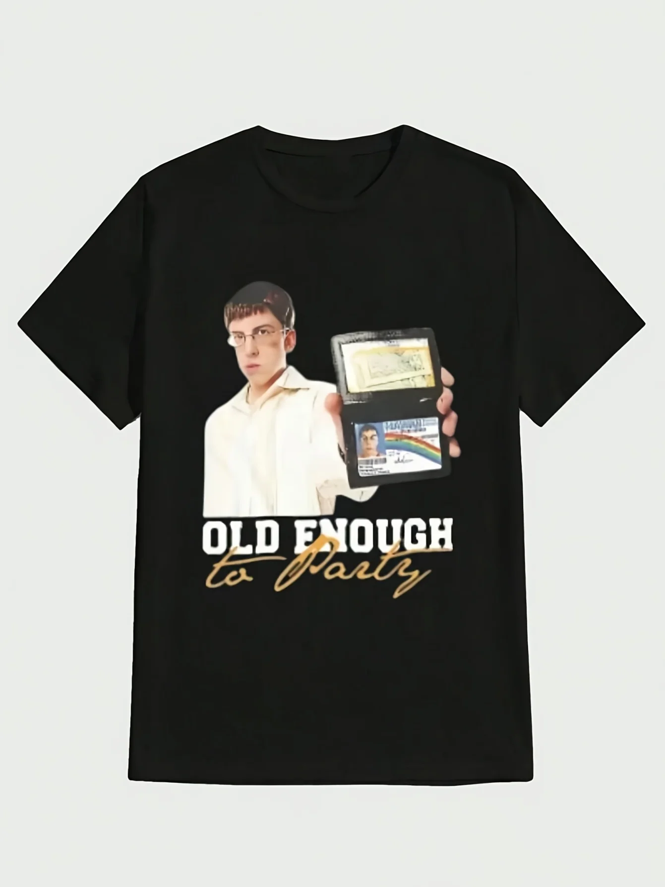Mclovin Super-Bad License Old Enough to Party T-Shirt Casual Italian Print, Heavy Fabric, Crew Neck, Regular Fit for Men