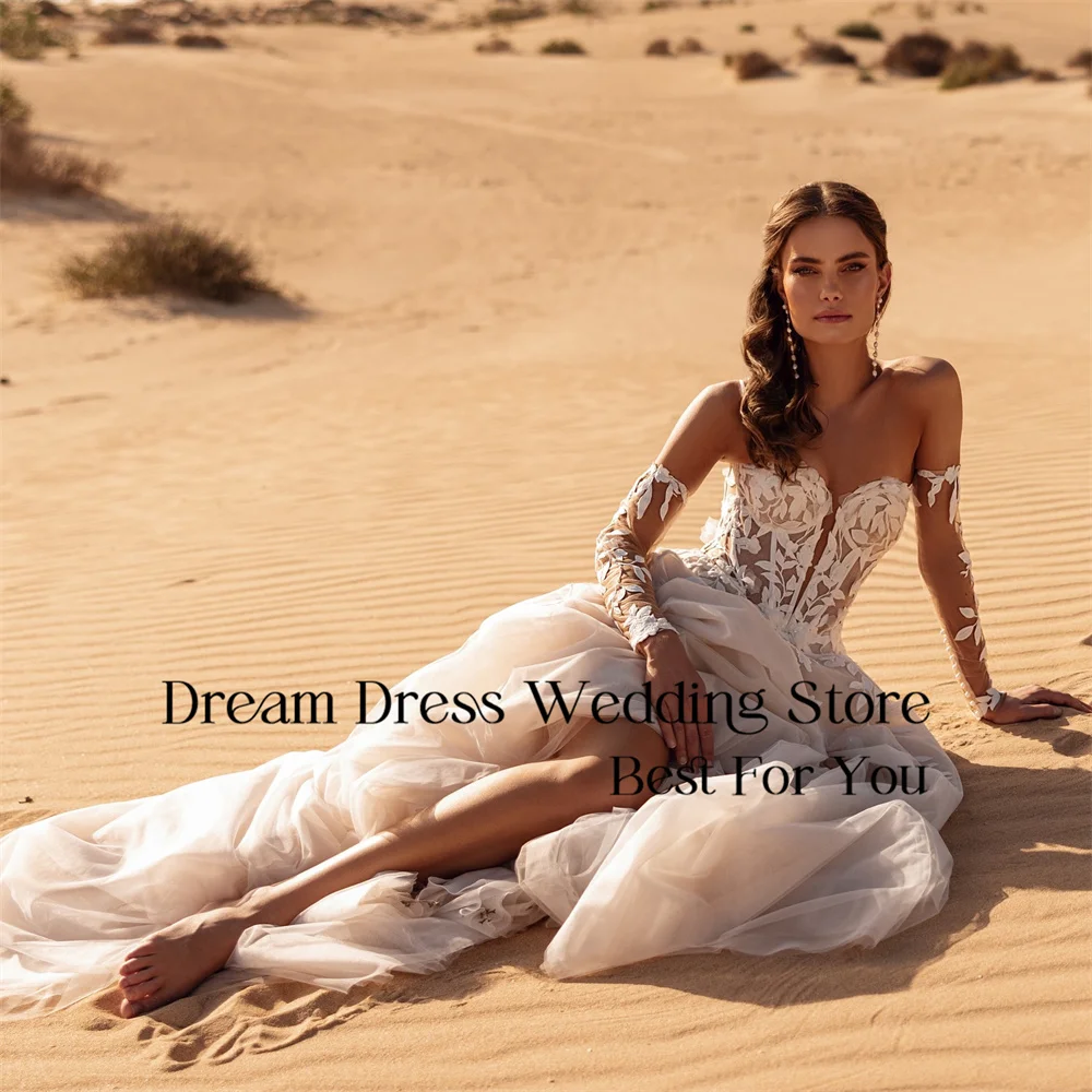 DREAM Spitze Lange Ärmel A-Linie Brautkleid Applizierte Schatz Open Back Tüll Falte Brautkleid Vestidos De Novia Angepasst