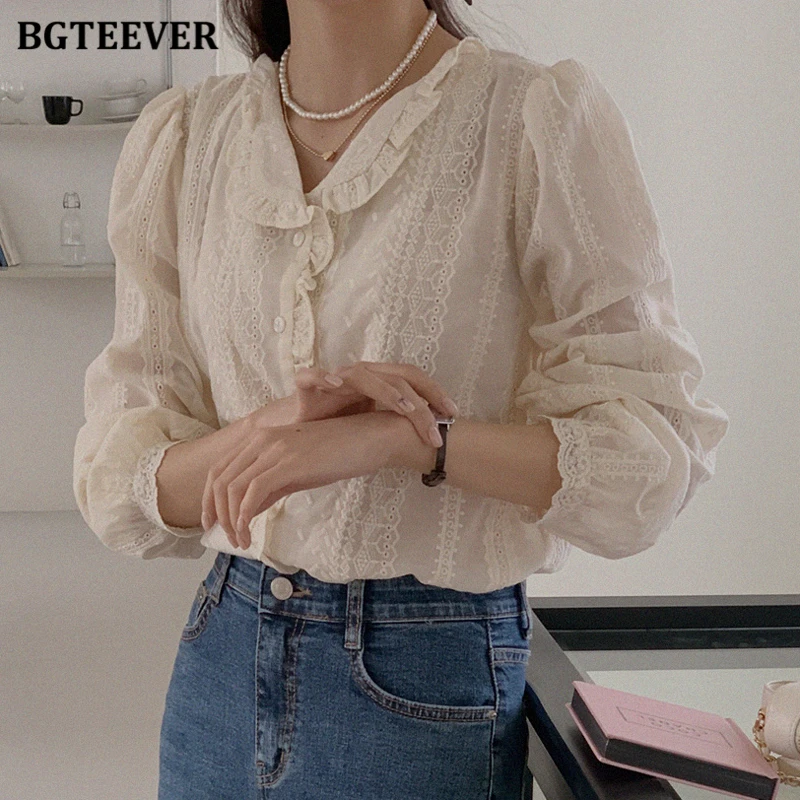 BGTEEVER Chic Spring Summer Fashion Lapel Women Solid Shirts Tops Casual Long Sleeve Loose Female Single-breasted Blouses