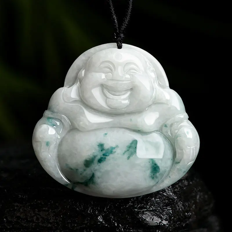 Natural Jadeite Floating Flower Big Belly Buddha Pendant Ice Jade Men's and Women's Pendant