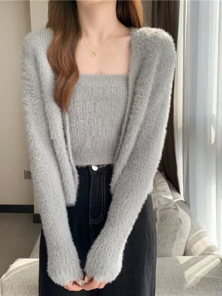 Korea Two Pieces Set Cardigan Women Sweet Solid Color Long Sleeve Knitted Sweater Sleeveless Strap Vest Woman Simple Soft Tops