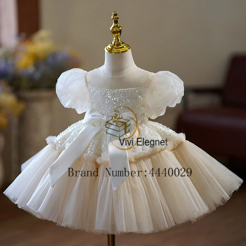 Modern Ivory Short Sleeve Flower Girls Dresses for Kids Real Picture 2024 Summer Tiered Wedding Party Dresses with Sequined Bow