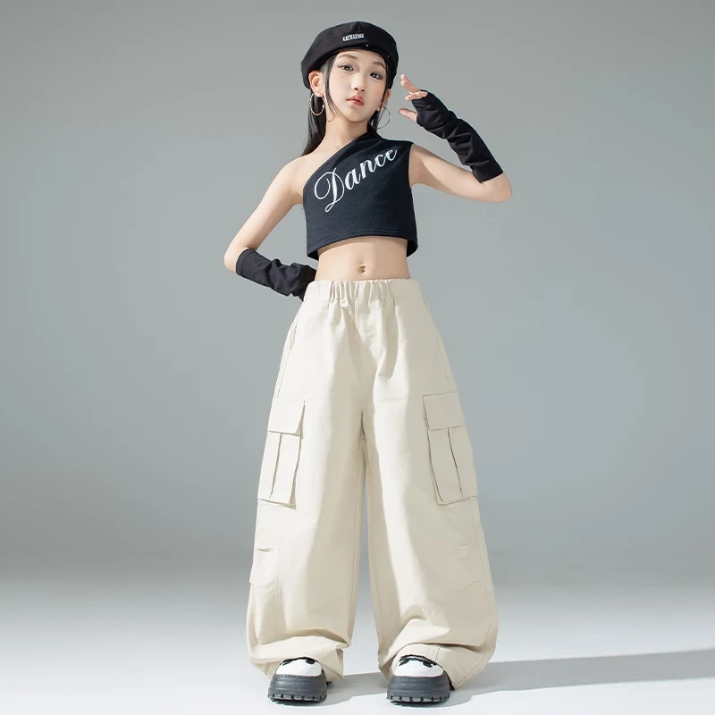 Hip hop jazz dança terno para menina cáqui shuffle calças kpop colheita topos modelo mostrar palco wear criança moda dança de rua outfit 3381