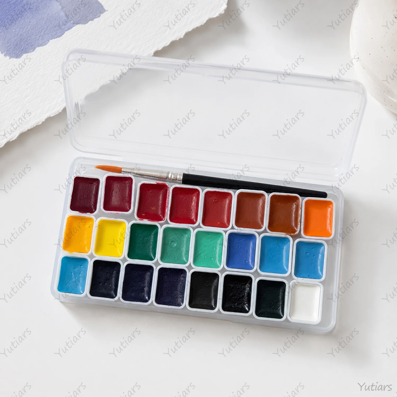 24 Colors Chinese Painting Watercolor Set Portable Solid Pigment Palette with Brush, Rich Colors for Artists Students Artwork