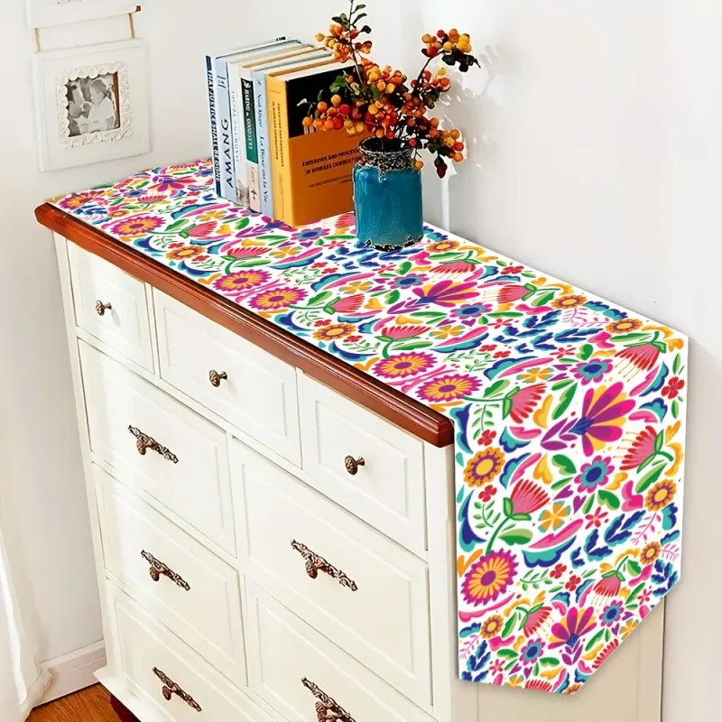VIKAMA Mexican Folk Colorful Floral Table Runner, Cinco de Mayo Rectangular Dining Table Cover for Fiesta Party Home Decor