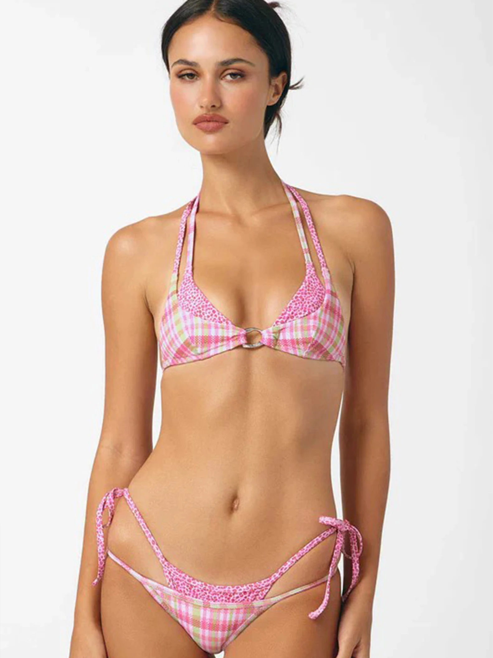 

2025 Sexy Pink Bikini Set Plaid & Leopard Print with Metal Ring Detail Perfect for Beach Wear and Pool Parties Summer Getaways