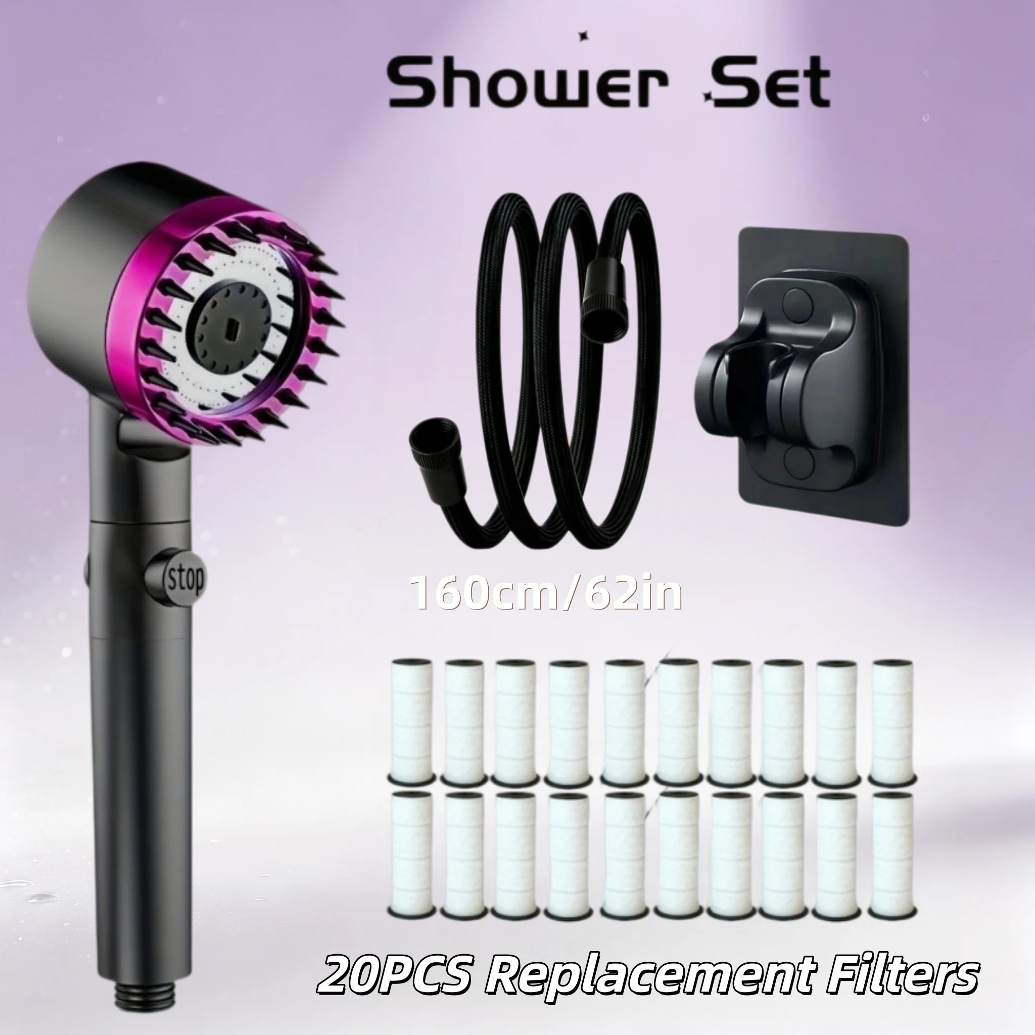 Purple High Pressure Shower Set 3 Modes One Key Stop Hard Water Filter 62in Braided Hose No Drill Bracket 20/15/10PCS Filters