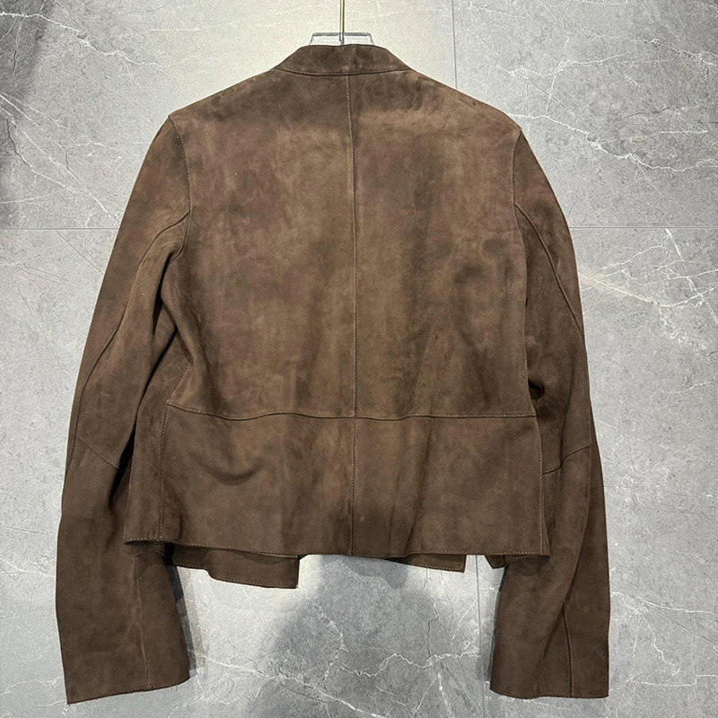레트로 커피 스웨이드 키드 가죽 숏 재킷 여성용 2025 가을 패션 사선 지퍼 A라인 진짜 가죽 긴팔 재킷