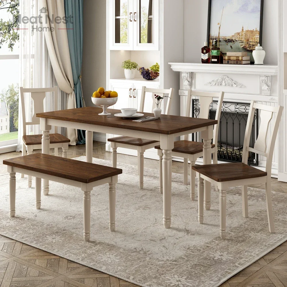

Classic 6-Piece Dining Set Wooden Table and 4 Chairs with Bench for Kitchen Dining Room (Brown+Cottage White),dining table set