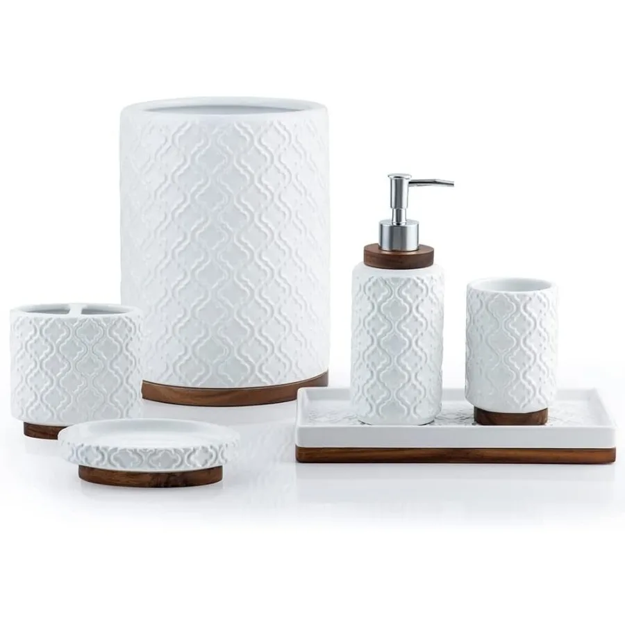 

Bathroom Accessories Set 6 Pcs Ceramic Wooden Bathroom Set with Soap Dispenser Toothbrush Holder Tray Tumbler Soap Dish Trash C