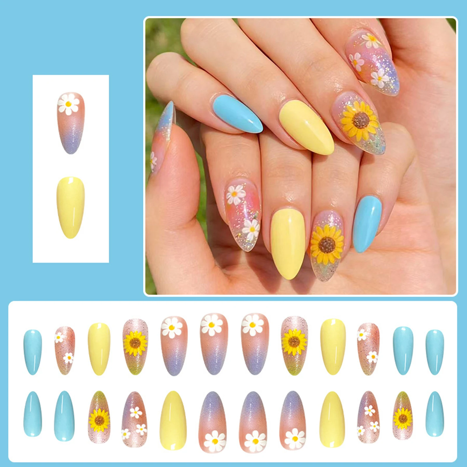 24Pcs False Nails Macaron Color Floral Sunflower French Press On Nails Wearable Full Cover Nails Tips Women Acrylic Nail Tips
