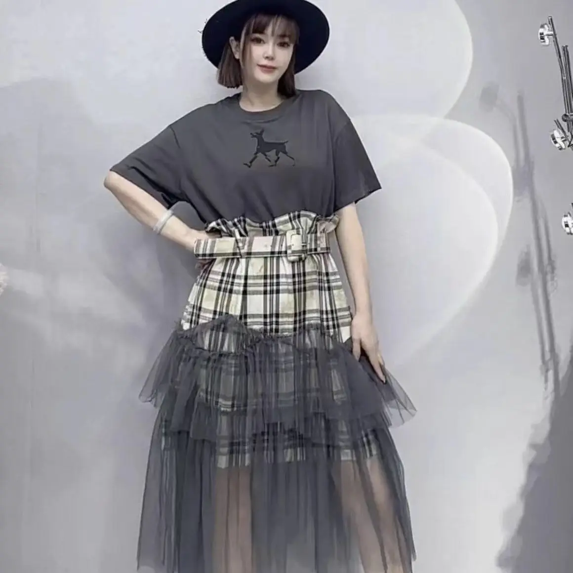 シックなガーゼシャーリングロータスパッチワークチェック柄 Tシャツドレス夏市松メッシュスプライシングフリルロング Tシャツドレス半袖トップス