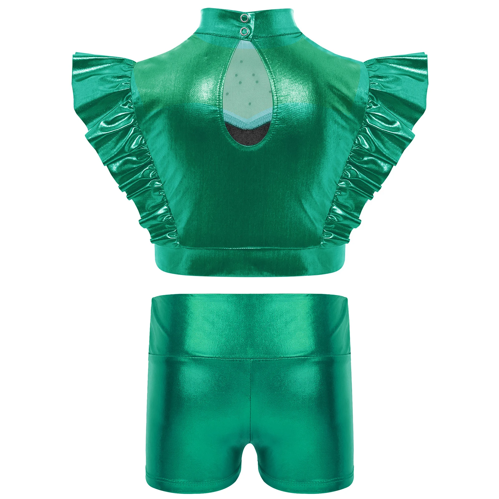 Kids Girls Jazz Dance Outfit Fashionable Metallic Mock Neck Mesh Patchwork Sleeveless Crop Top with Shorts Set Street Dancewear