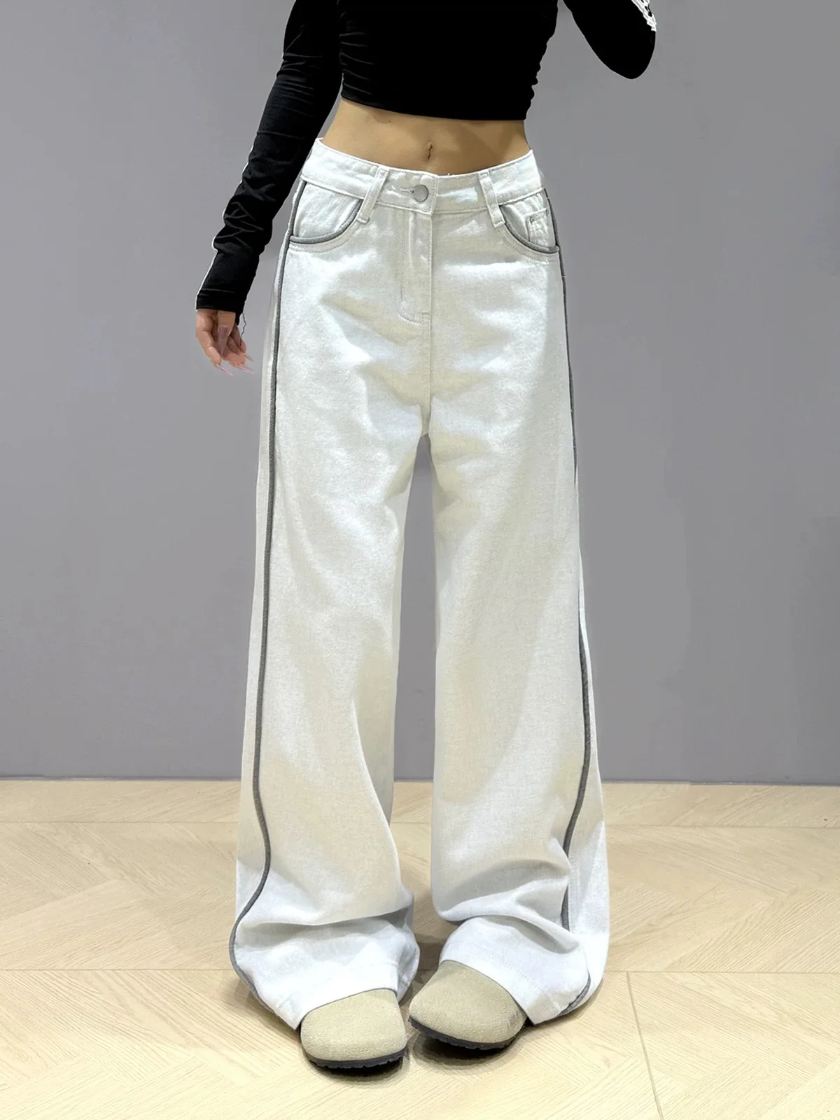 

Women's Y2K American High Street Harajuku Aesthetic 2000S Fashion Design Vintage Wide Leg Casual Jeans White Line Denim Pants