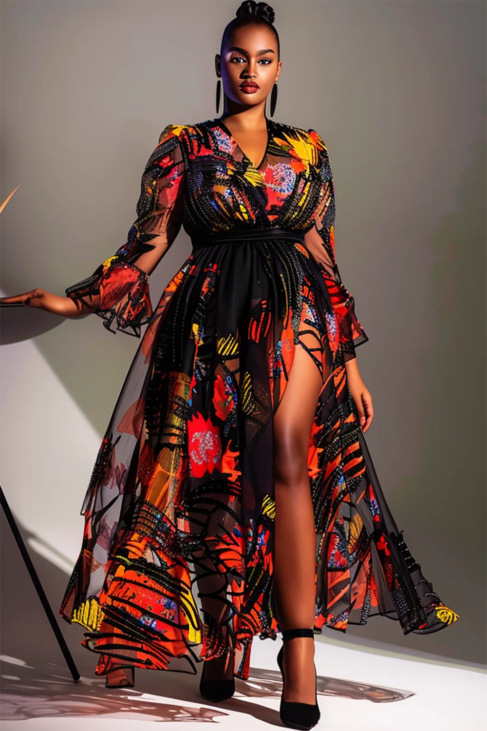 Plus Size Wedding Guest Multicolor Floral V Neck Long Sleeve Split See Through Chiffon Maxi Dresses