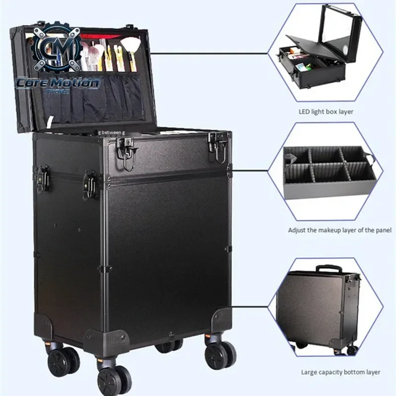 Aluminum Frame PVC Cosmetic Bag Mirror LED Light Trolley Beauty Case Makeup Artist Nail Tattoo Toolbox Contact Suitcase Travel