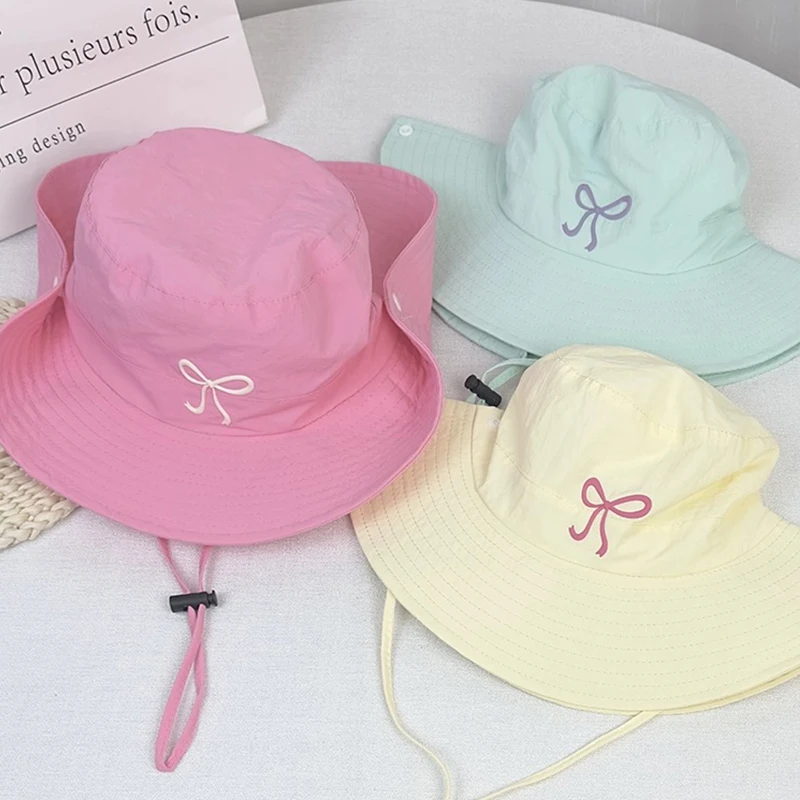 Foldable Bowknot Embroidered Bucket Hat Adjustable Rope Simple Solid Color Basin Hats Spring Summer UV Protection Fisherman Hats