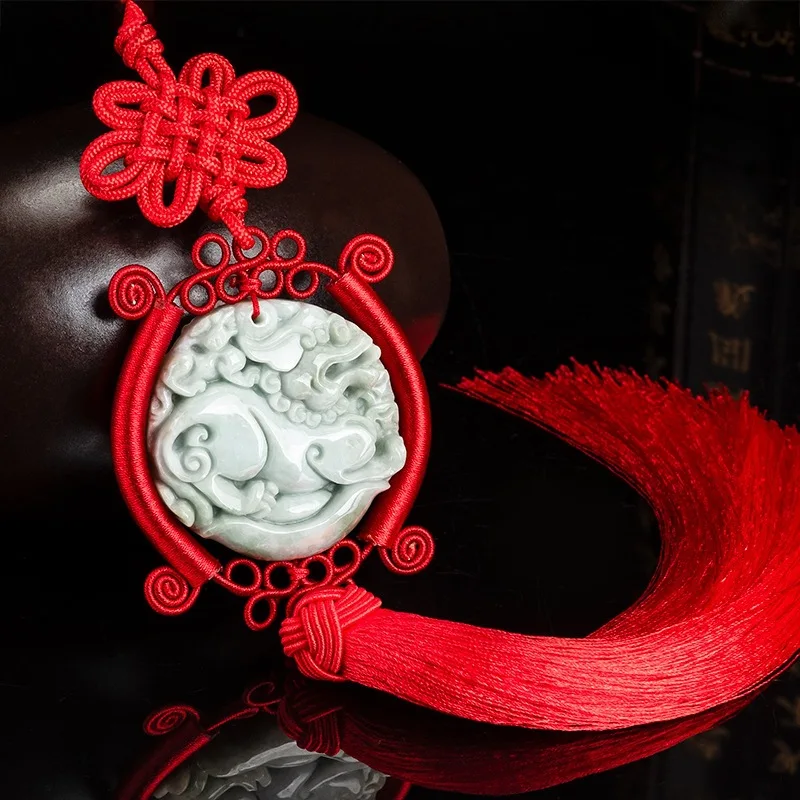 

Natural Grade A Jade Jadeite Pixiu Men Women Red String Braided Lucky Knot Tassel Car Pendant