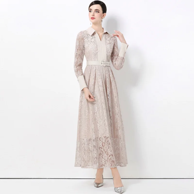 فستان أنيق بياقة بولو وأكمام طويلة وخصر مرتفع مع حزام، تصميم فرنسي ضيق من الدانتيل المحبوك البوليستر على شكل حرف A للنساء