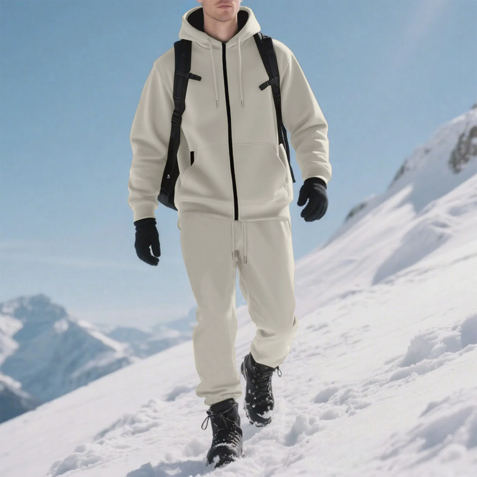 Fashion Men Winter Warm Hooded Sweatshirt Set Solid Color Fleece Sweatshirt Jacket With Plush Pants Set Casual Coat And Trousers