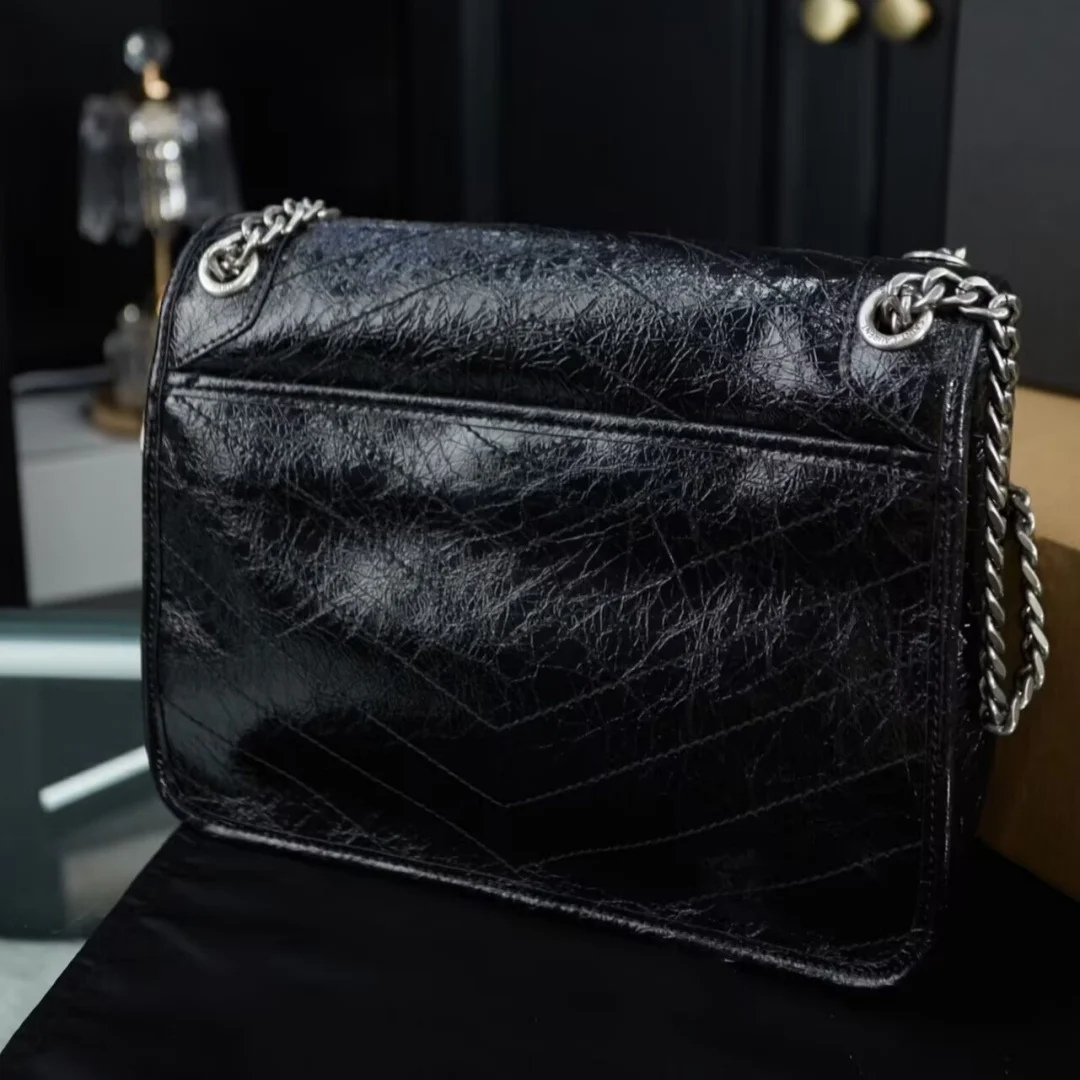 

Luxurious designer handbag, black small-sized retro oil wax leather chain bag, Niki mini, fashionable women's shoulder bag