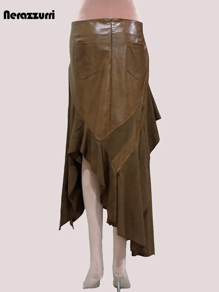 Nerazzurri Autunno Lungo Maillard Marrone Patchwork Pu Pelle Midi Gonna Asimmetrica Donna Designer di Lusso Vintage Emo Vestiti