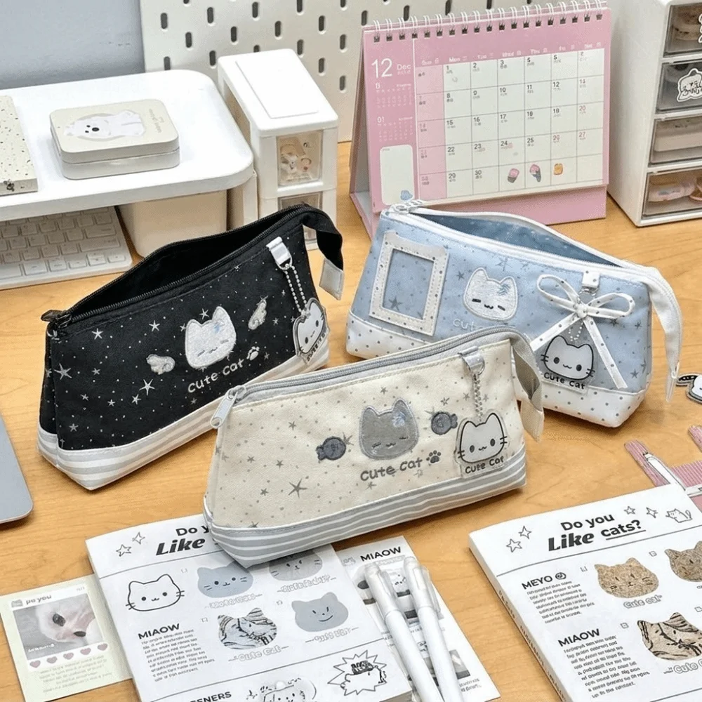 Large Capacity Cat Pattern Pen Case Multi-Layer Polka Dot Pencil Bag Star Print Triangle Design Stationery Storage Pouch