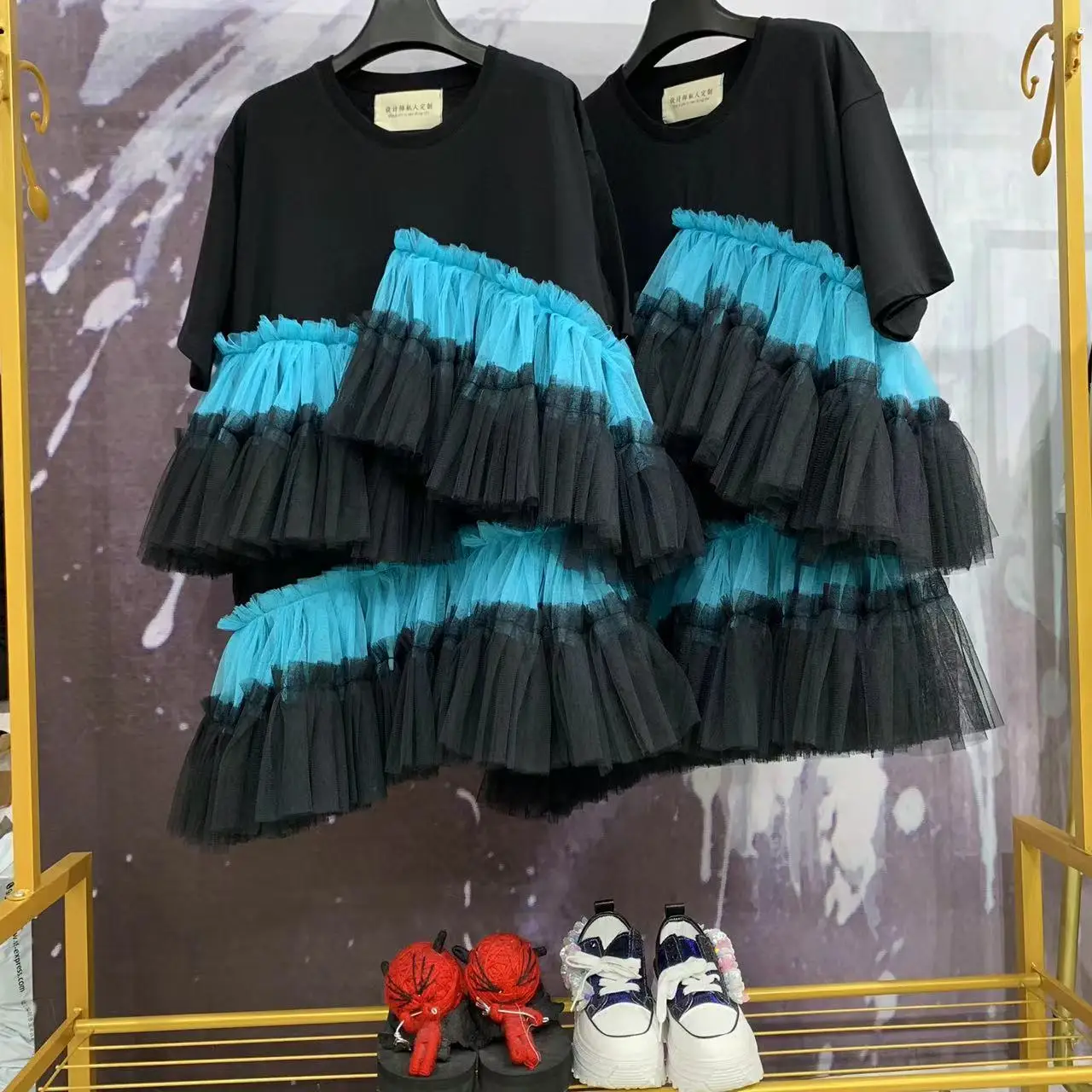 New Design 2023 Spring Summer Women Short Sleeve T-shirt Loose Oversize Top Patchwork Mesh Ruffles Mid-long Tee Dresses Casual